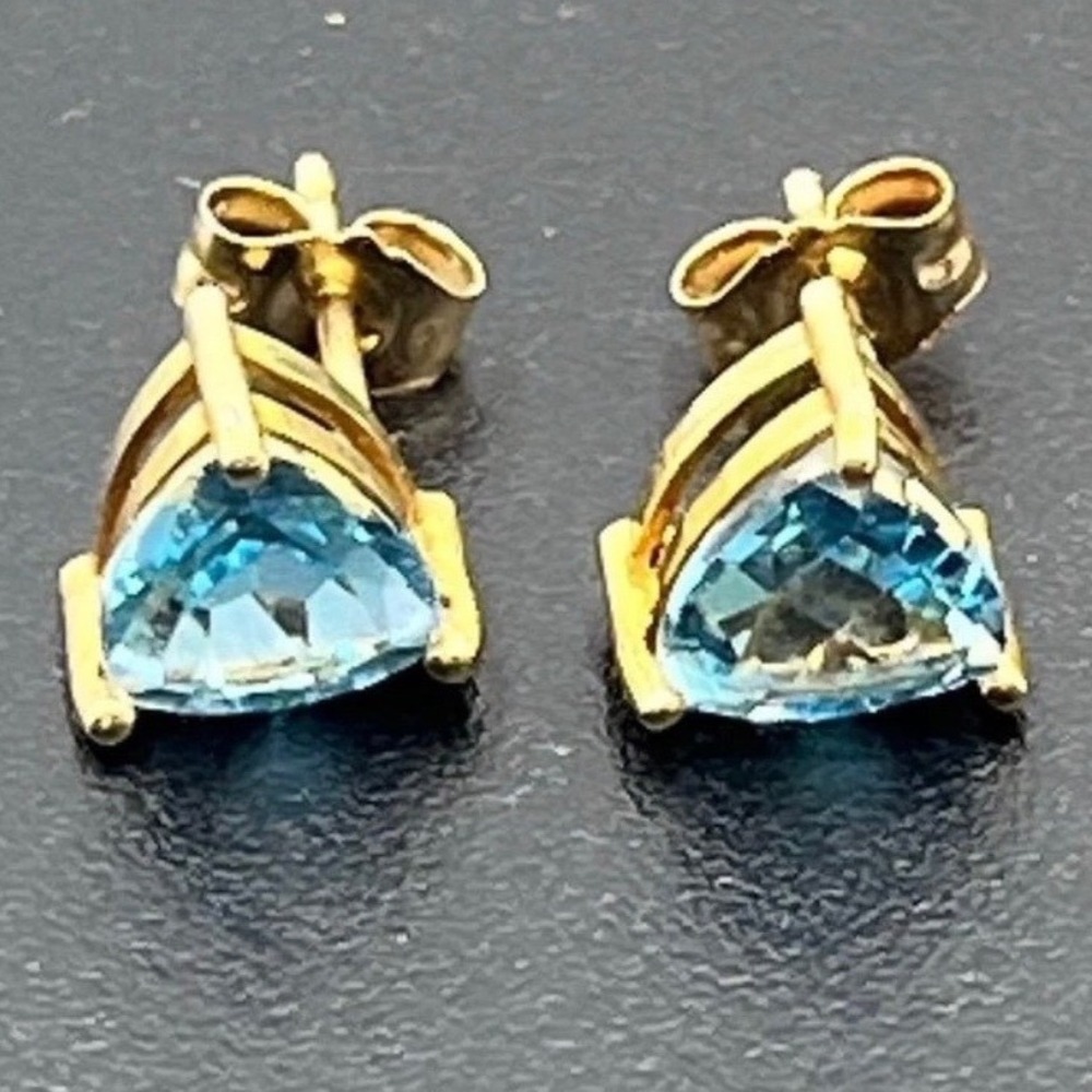 Designer Signed 14k Yellow Gold Trillion Cut Blue Topaz Stud MEXICO Dec Earrings